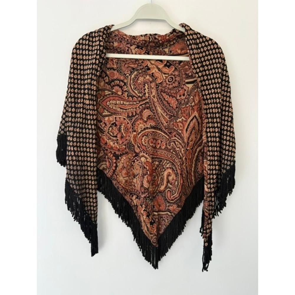 Vintage Paisley Triangle Fringe Shawl Reversible Scarf Terracotta Boho Wrap